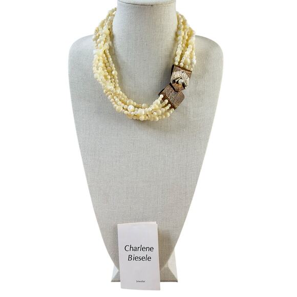 VTG Artisan Necklace Charlene Biesele Mother of Pearl Bead & Repousse Brass 20" - Picture 2 of 14